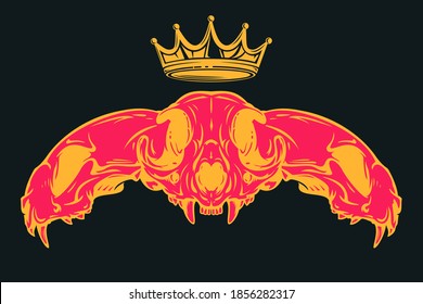 Three cat skull with crown in colorful art hand drawn style isolated on black background. Vector cartoon illustration. Retro vintage design concept for tattoo, print, cover.