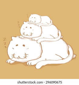 Three cat sleeping cartoon character design on yellow gold color background