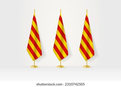 Three Catalonia flags in a row on a golden stand, illustration of press conference and other meetings. Vector illustration.