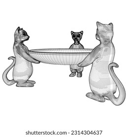 Three Cats Carry A Vase Bowl Vector 03. Illustration Isolated On White Background. A vector illustration Of An Bowl Which Three Cats Wear.