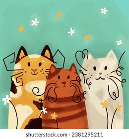 Three Cats Cartoon. Vector Illustration of Lovely kitty. Pets