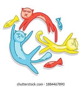 three cats chasing fish, cat character illustration, vector