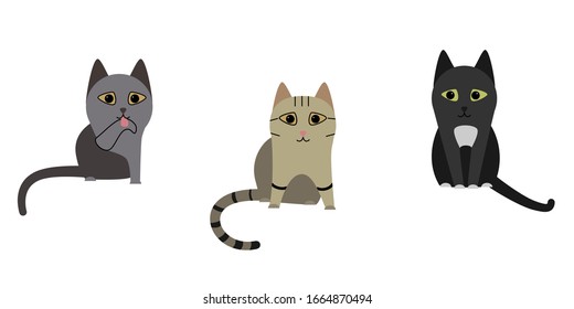 Tres gatos en diferentes poses. Gato negro, gris y rayado. Ilustración vectorial en un fondo aislado blanco.