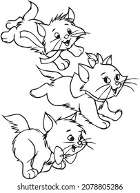 Three cats during playing coloring book for children. Hand drawn vector illustration isolated on white.