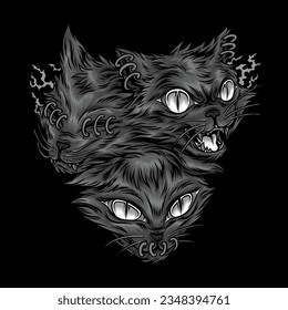 Three Cats Head Illustration in Grayscale Version