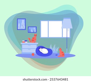 Three cats at home flat vector illustration. Cats sleeping, playing. Furry Companions, pets concept