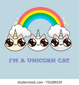 three cats with a horn on the background of the rainbow. card with cats and inscription