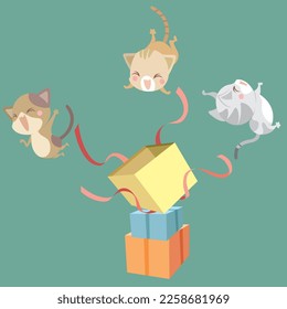Three cats jump excitedly as the three gift boxes open