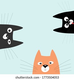 Three cats looking curiously. Funny face head silhouette.  Design ready for print.