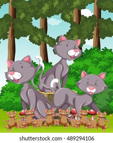 Three cats and lots of mouse in the park illustration