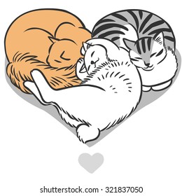 Three cats lying in the shape of heart. Vector hand drawn illustration