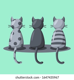 Three cats on green. Black cat, gray spotted cat and striped cat. Cute and funny domestic animals.