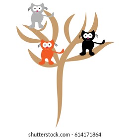 Three cats on tree on white background. Vector illustration.
