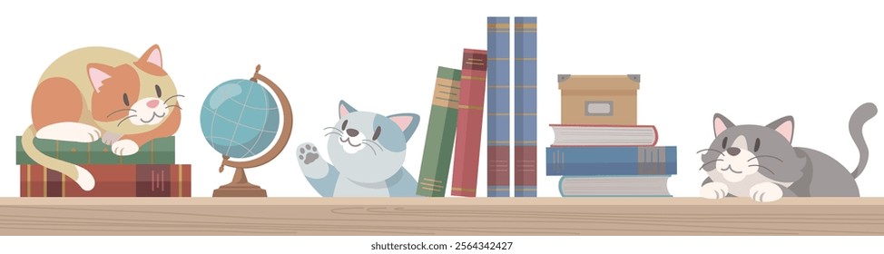 Three cats playing on the bookshelf.  Vector illustration in flat cartoon style on white background.