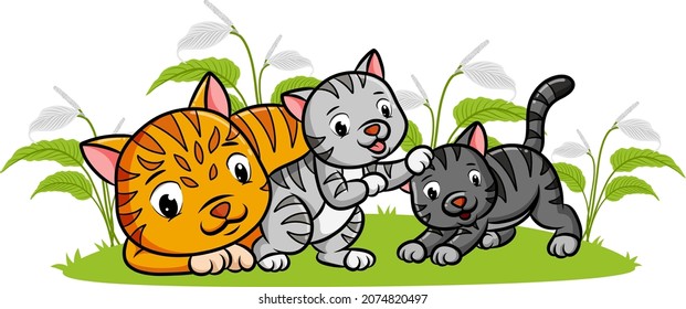 The three cats are playing together in the garden of illustration