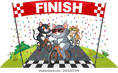 Three cats racing bicycles under a finish banner