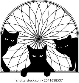 Three cats rest beneath a stunning geometric design, creating an artistic display of shapes and silhouettes in an imaginative setting