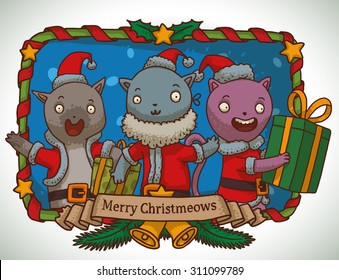  Three cats in Santa's coustumes, Christmas frame for christmas card, vector