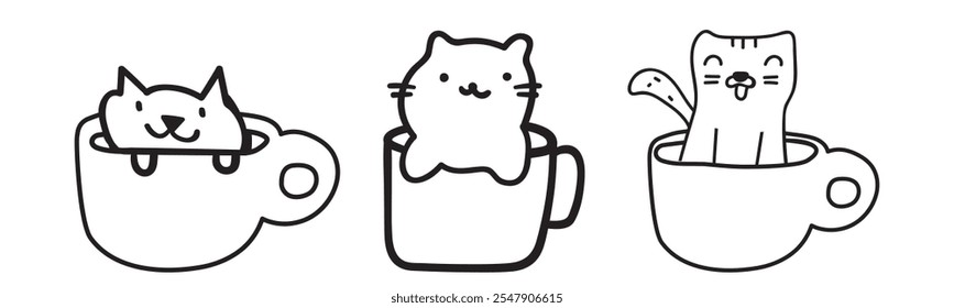 Three cats sitting in big coffee cups. Isolated icons. Black color. Outline illustrations on white background.