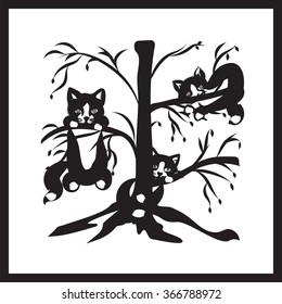 three cats sitting on the branches of a tree symbol of spring black and white vector illustration