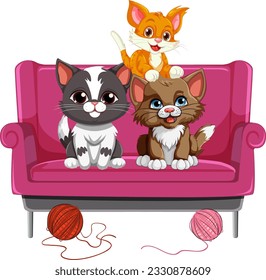 Three Cats Sitting on Sofa illustration