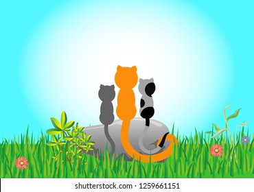 Three cats sitting on a stone on a green meadow. Together they look at the blue sky. It is a vector cartoon illustration.