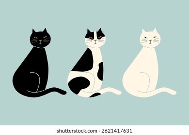 Three cats sitting in row, vector illustration.