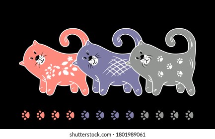 Three cats. Stylization in the style of a cartoon. Vector illustration, isolated on a black background.