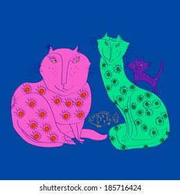 Three cats waiting for dinner on a blue background.