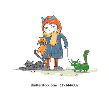 Three cats and a young child - vector illustration, stationery, books, postcards, etc.
It is good for use in children's products.