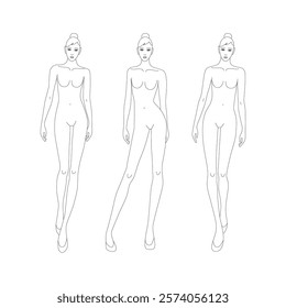 Three catwalk female line technical drawing croquis for flat fashion sketches and cads. 9 head vector mannequin design. 