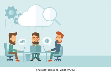 Three Caucasian businessmen with beard sitting on chair working together using cellphone and laptops for calling and searching an ideas for business plan.  A Contemporary style with pastel palette