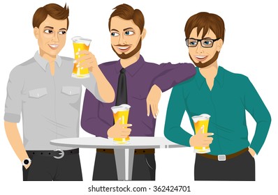 Three caucasian friends drinking a beer and talking about something