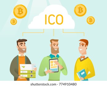 Three caucasian white men making investments for project. Blockchain network technology, ICO initial coin offering , cryptocurrency tokens and startup crowdfunding concept. Vector cartoon illustration