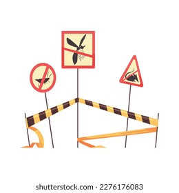 Three caution pest control signs with black and yellow table cartoon vector illustration
