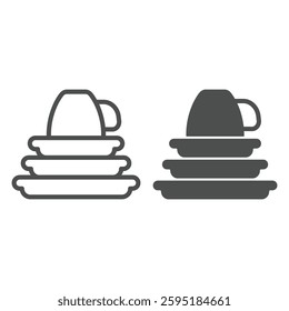 Three ceramic plates and cup line and solid icon, culinary cooking concept. Vector graphics. Clean dishes, washing sign on white background, outline style icon for mobile or web design
