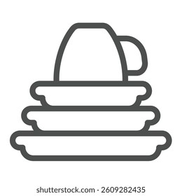Three ceramic plates and cup line icon, culinary cooking concept. Vector graphics. Clean dishes, washing sign on white background, outline style icon for mobile or web design