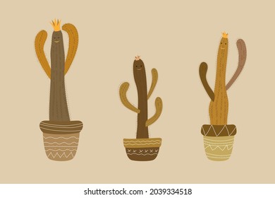 three cereus cactus in monochrome brown shades with crowns, eyes and smiles in pots with ethnic patterns