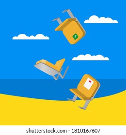 Drei Stühle fallen auf den Strand. Isoometrisches Vektorsymbol 3D. Zum Beispiel Werbung, Druck, Web, Poster, Symbol, Piktogramm, Verpackung, Geschenkkarte, Spiel, Infografik