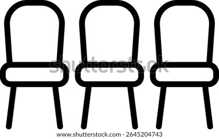 Three Chairs in a Row: Simple line art illustration of three identical chairs arranged neatly in a row, ideal for representing seating arrangements, meetings, or waiting areas.