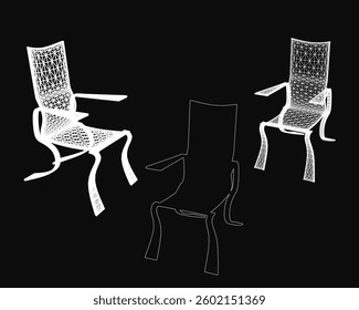 Three chairs are shown in a black and white. The chairs are all different shapes and sizes, but they all have a similar design. The chairs are arranged in a way that creates a sense of depth