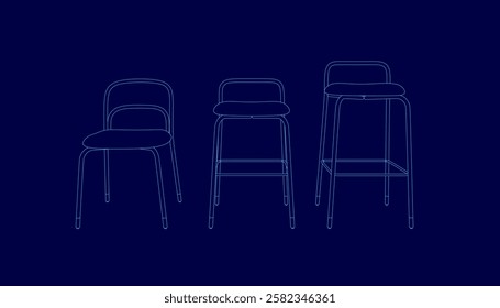 Three chairs are shown in a blue background. The chairs are all different sizes and shapes. The chairs are arranged in a row, with the first chair on the left, the second chair in the middle