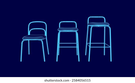 Three chairs are shown in a blue background. The chairs are all different sizes and shapes. The chairs are arranged in a row, with the tallest one in the middle and the shortest one on the left