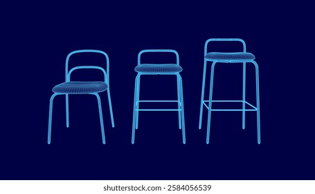 Three chairs are shown in a blue background. The chairs are all different sizes and styles. The chairs are arranged in a way that they are all facing the same direction