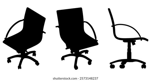 Three chairs are shown in different positions, with one of them upside down. The chairs are all black and appear to be office chairs. Concept of disarray and chaos