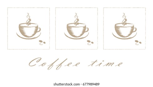 Three chalk  drawn cups and steam   coffee beans in frames white background   COFFEE TIME words in below 