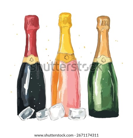 Three champagne bottles with red, yellow and green foil tops, with ice cubes at the bottom, in a watercolor style illustration.