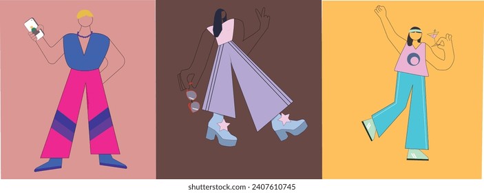 Three character girls with cool outfits in party, going out or fun style. Cellphone, drink and walkin on. Easy to edit organized layers.