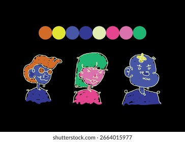 Três caracteres ilustrados com giz