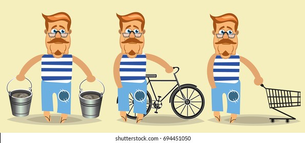 Three Characters with a Bicycle, Buckets and a Shopping Cart. Vector illustration